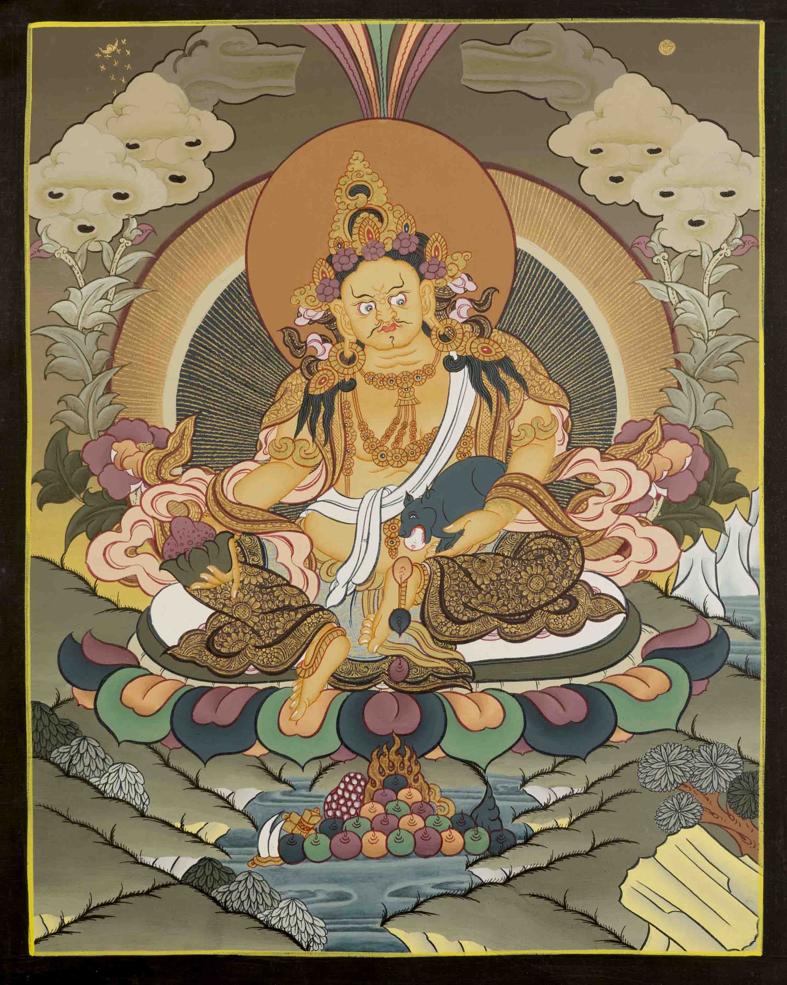 Yellow Dzambala Thangka | Kubera Tibetan Buddhist Thangka | Original Hand Painted Jambala Art